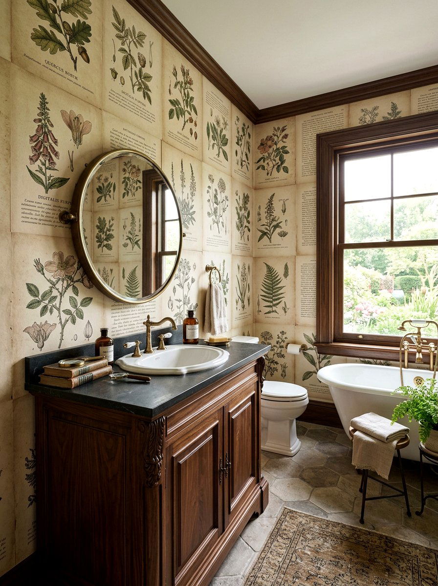 Botanical Illustration Wall - 30 vintage floral bathroom ideas