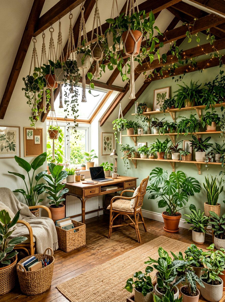Botanical Jungle Attic Workspace - 30 attic studio ideas