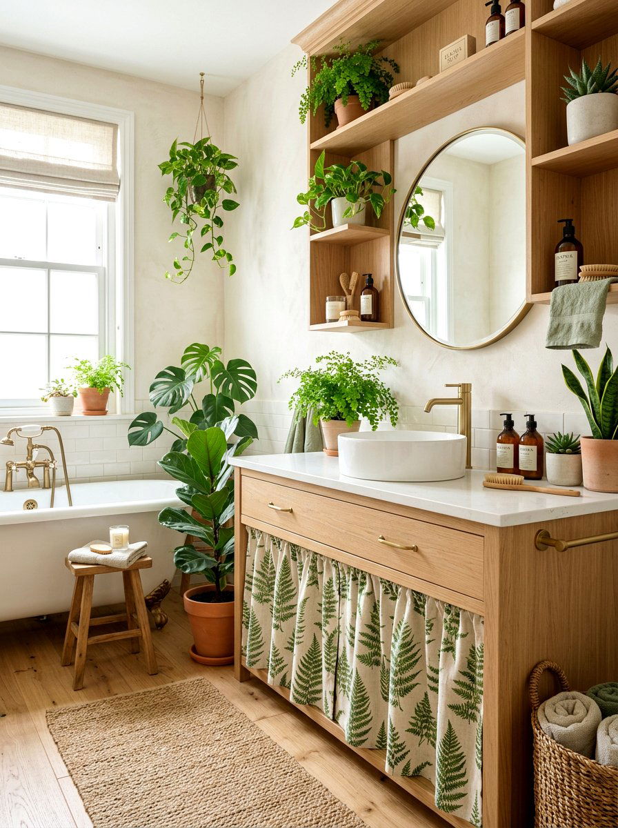 Botanical Print Bathroom Vanity - 30 skirted vanity ideas