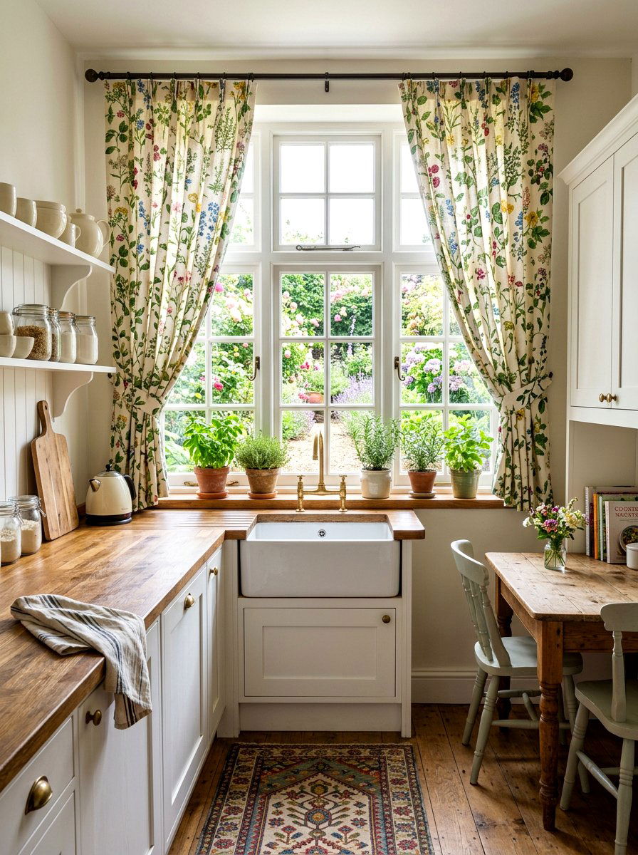 Botanical Print Kitchen Curtains - 30 cabbagecore kitchen ideas