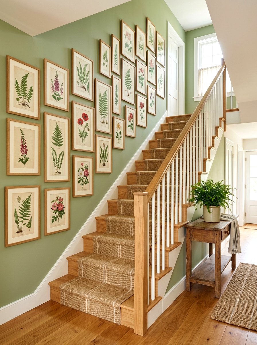 Botanical Print Stair Wall - 30 stair gallery wall ideas