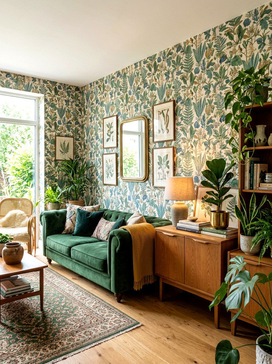 Botanical Print Wallpaper - 30 playful maximalist living room ideas