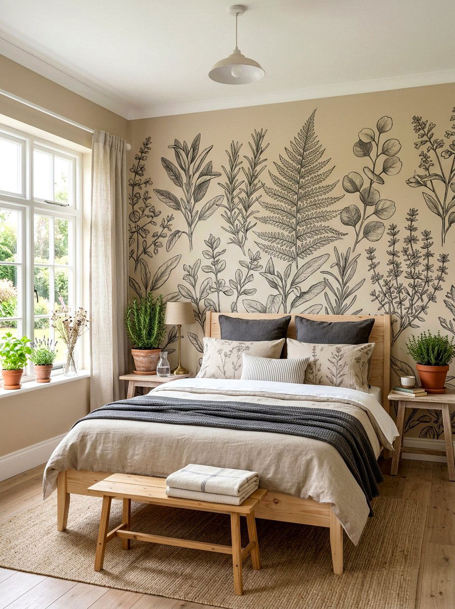 Botanical Sketch Mural - 30 mural wallpaper bedroom aesthetic ideas