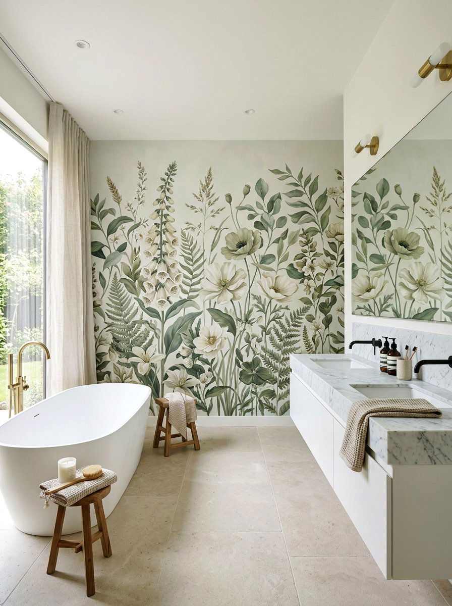 Botanical Wall Mural - 30 vintage floral bathroom ideas