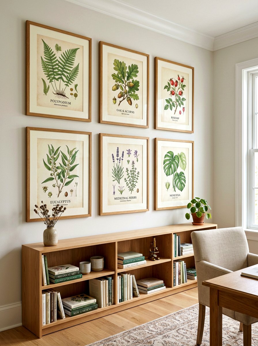 Botanical art gallery wall - 30 Montessori playroom aesthetic ideas