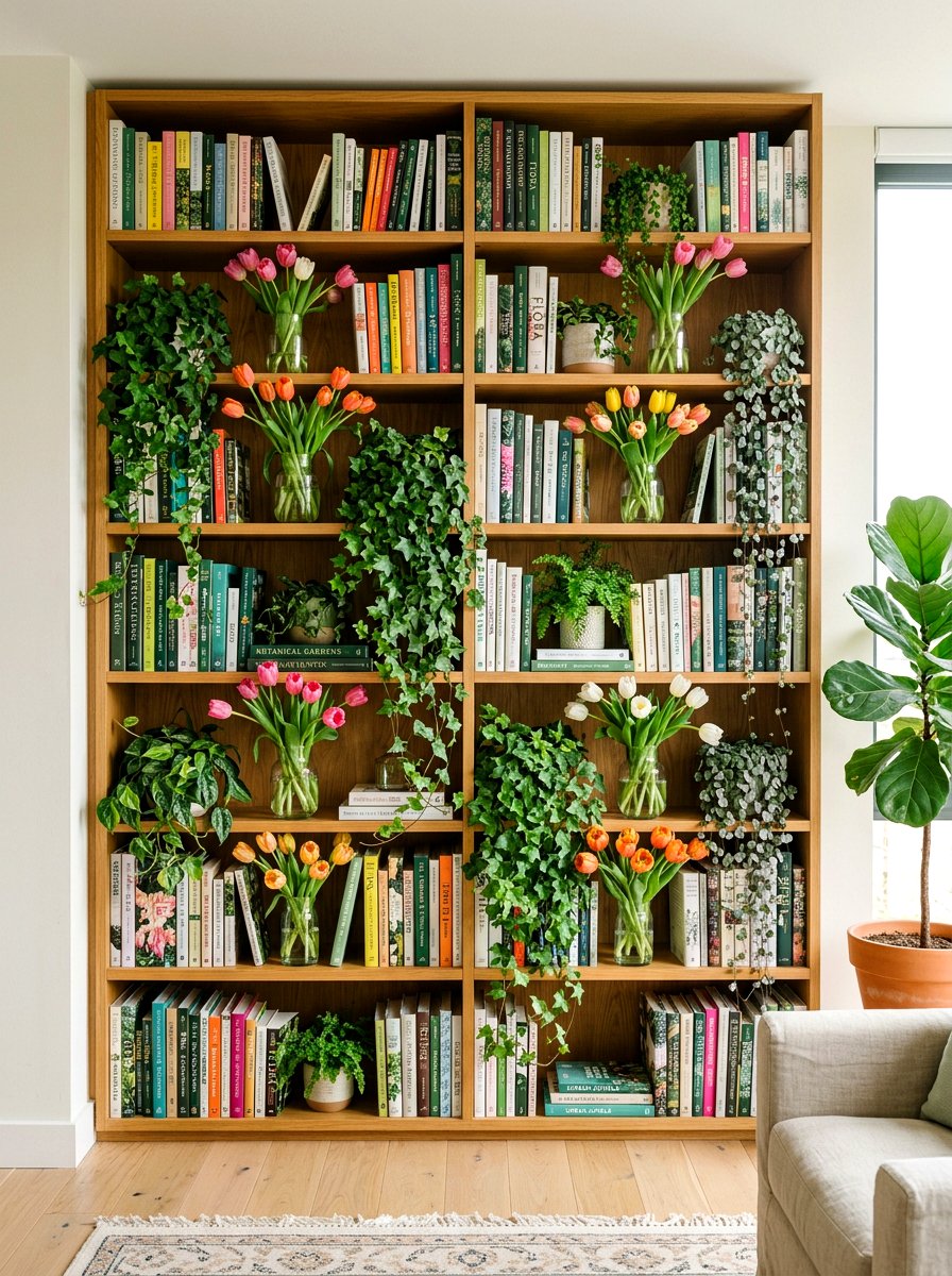 Botanical bookshelf styling - 30 bookshelf spring styling ideas