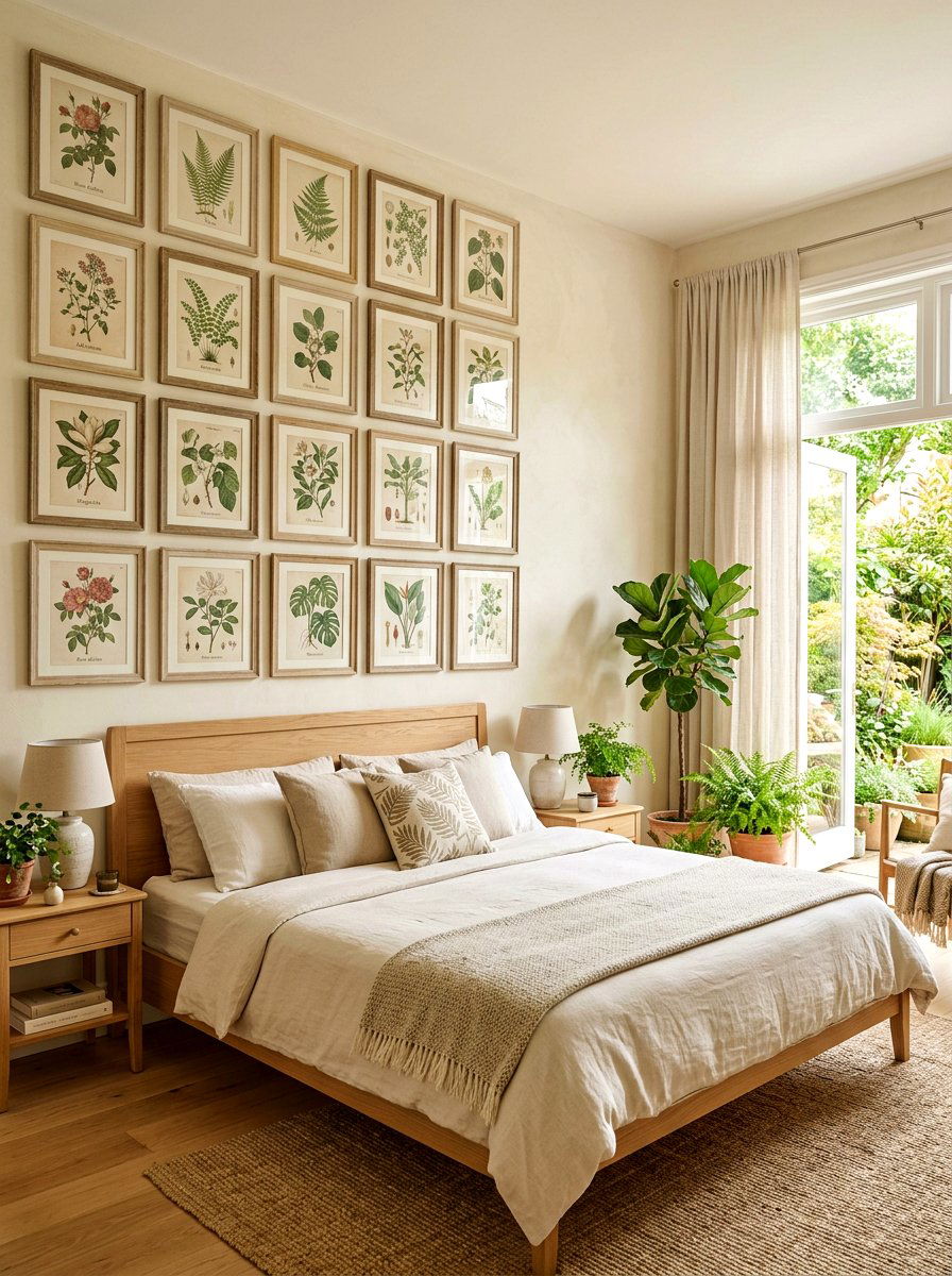 Botanical gallery wall - 30 light academia bedroom ideas