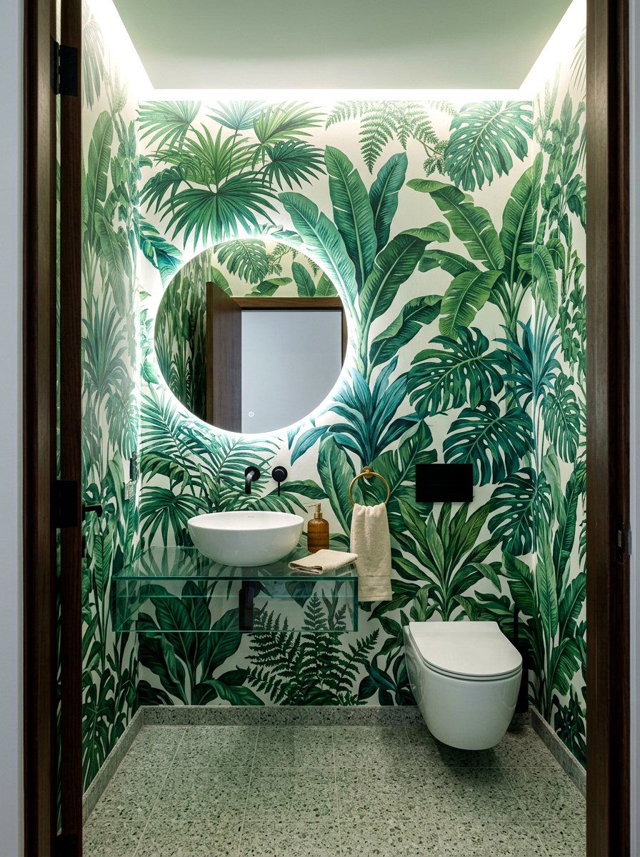 Botanical mural wallpaper powder room - 30 jewel box powder room ideas