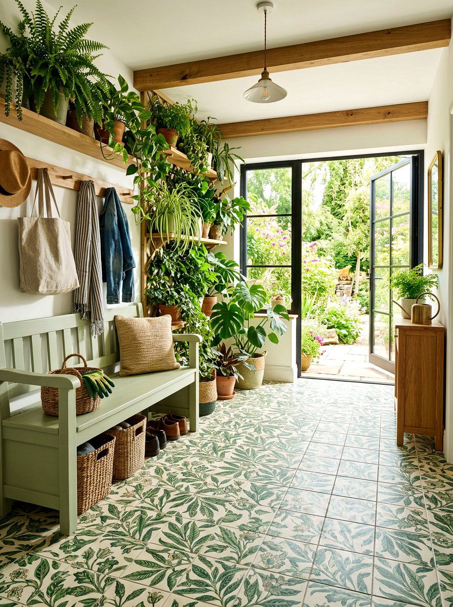Botanical print floor tile - 30 patterned mudroom tile ideas