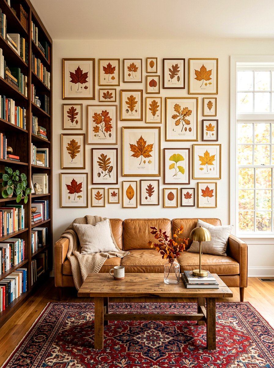Botanical print gallery wall - 30 cozy library fall ideas
