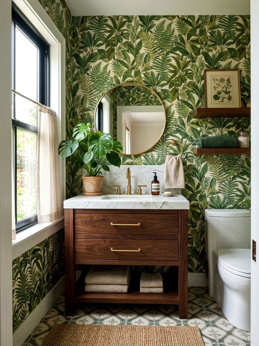 Botanical print powder room - 30 spa like powder room ideas