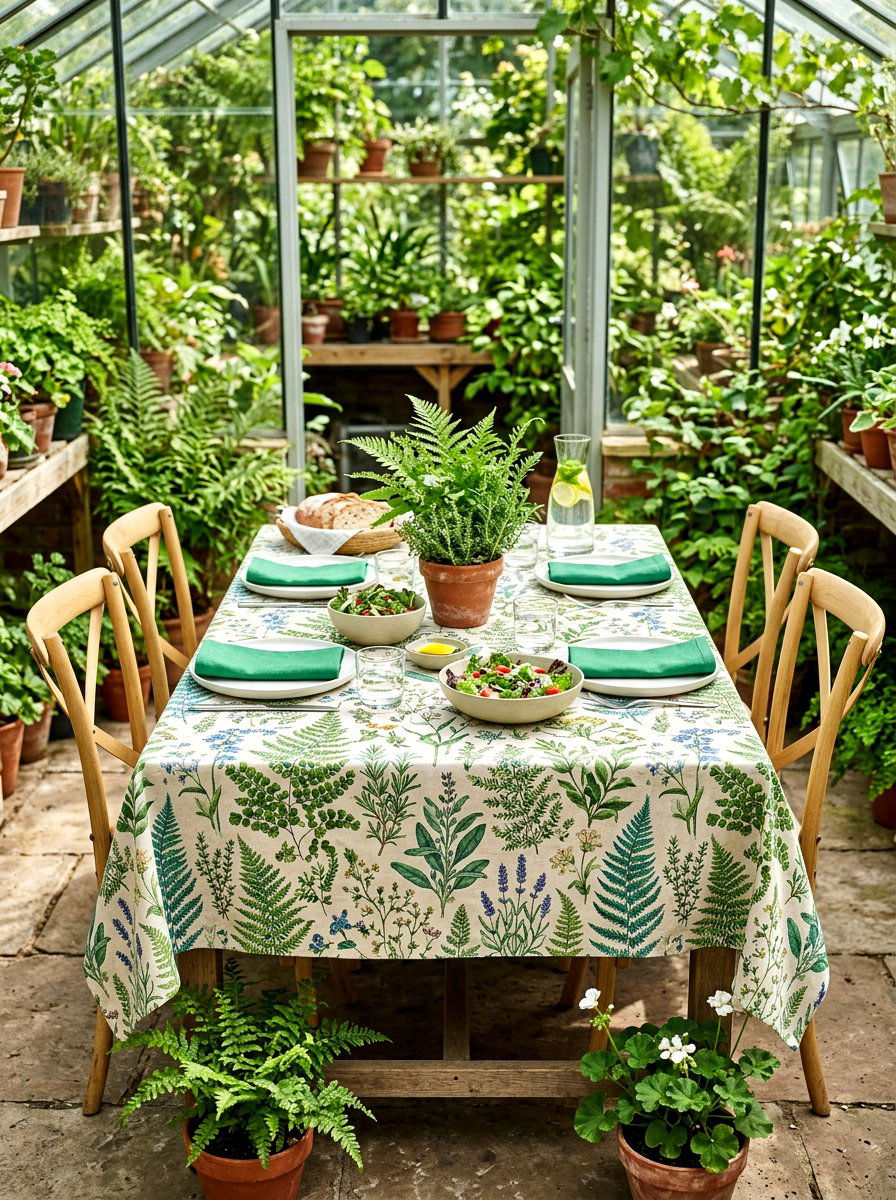 Botanical print tablecloth garden lunch - 30 garden salad tablescape ideas