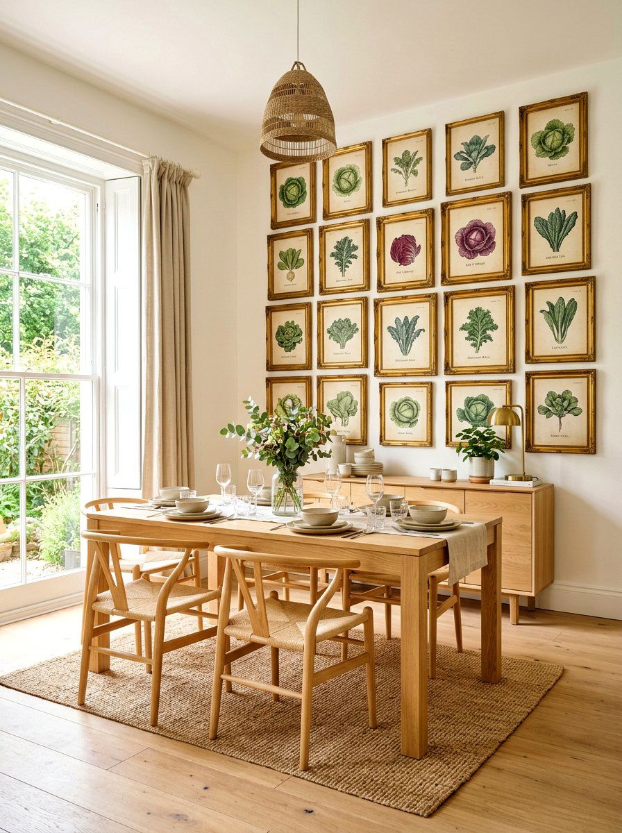 Botanical sketch gallery wall for dining - 30 cabbagecore dining room ideas