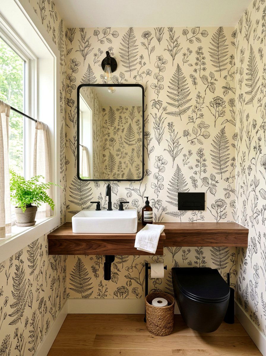 Botanical sketch wallpaper - 30 jewel box powder room wallpaper ideas