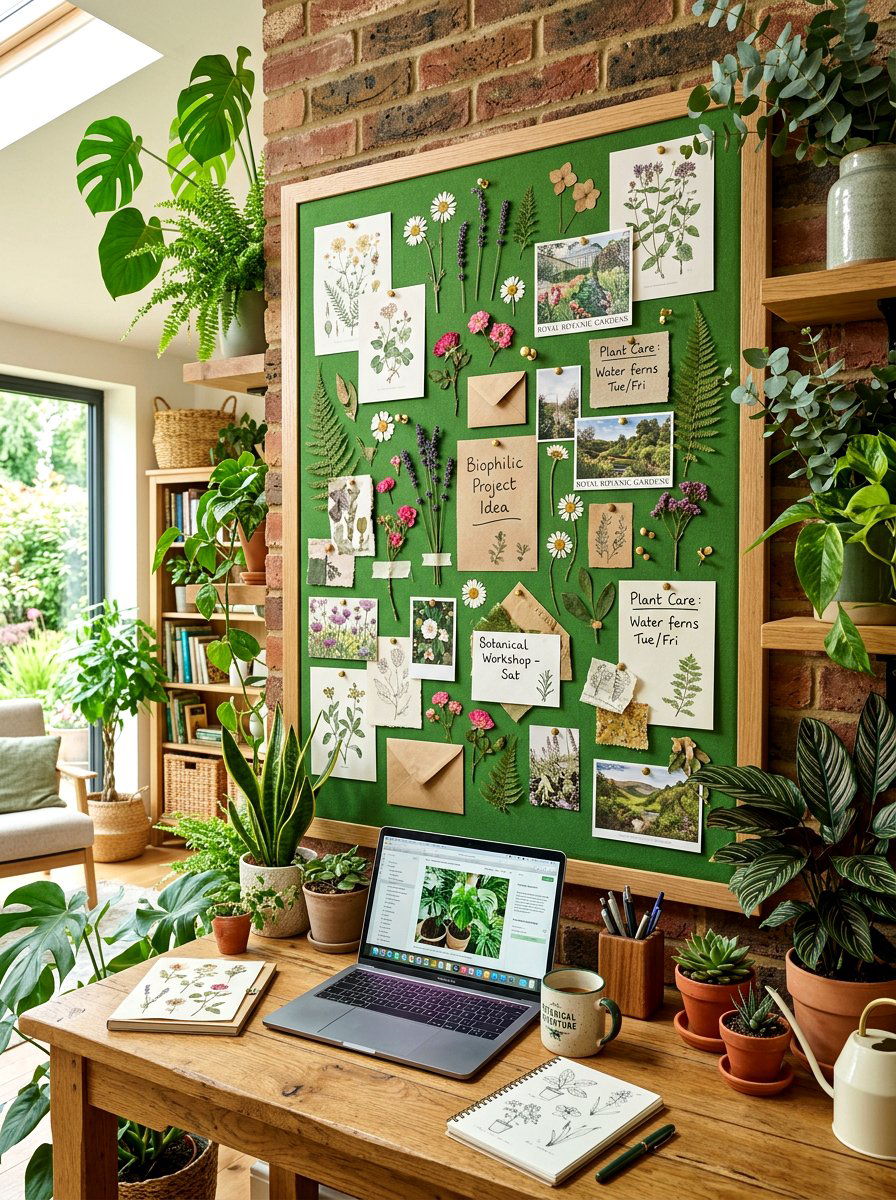 Botanical themed office pinboard - 30 pinboard office aesthetic ideas