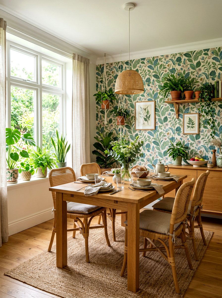 Botanical wall breakfast - 30 bright breakfast room ideas