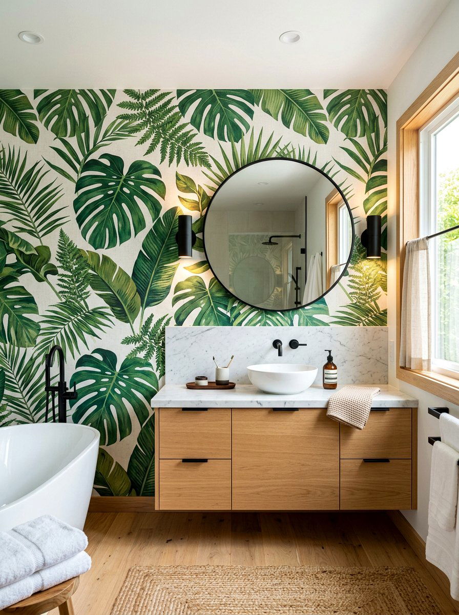 Botanical wallpaper bathroom - 30 wallpaper accent wall ideas