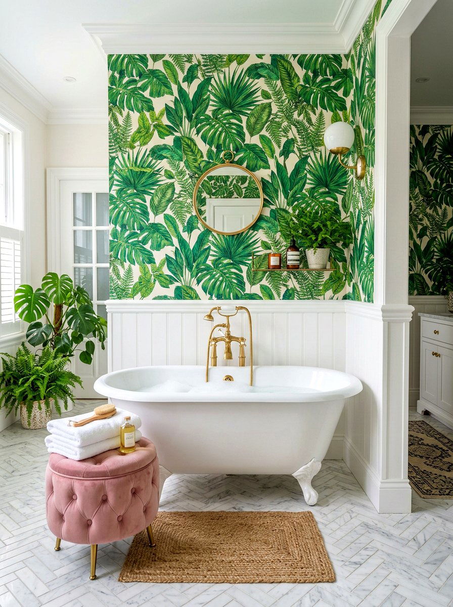 Botanical wallpaper tub nook - 30 tub nook bathroom ideas