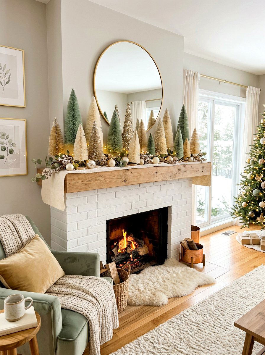 Bottle Brush Tree Mantel - 30 winter mantel decor ideas