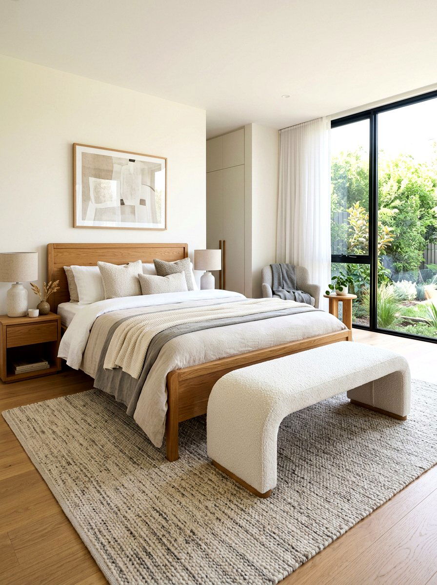 Boucle Bed Bench - 30 organic modern bedroom ideas