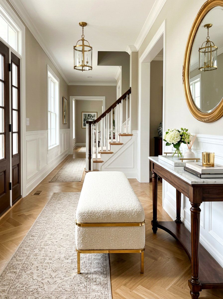 Boucle Bench With Gold Trim - 30 boucle entry bench ideas