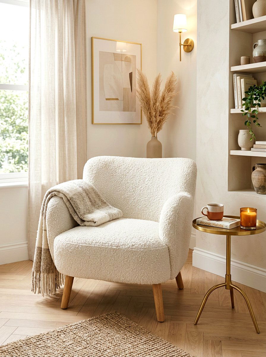 Boucle Fabric Armchair - 30 soft minimal apartment ideas