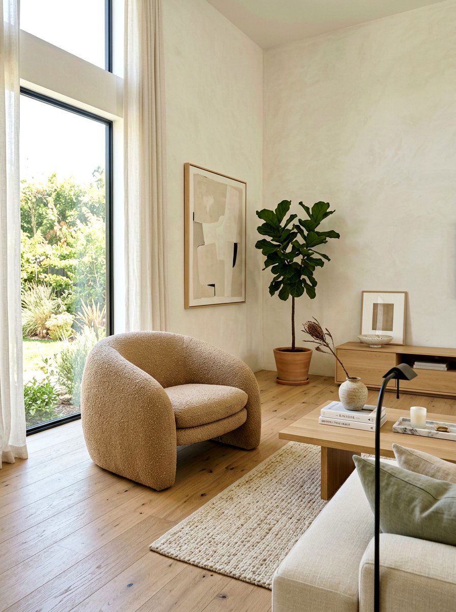 Boucle Fabric Chair - 30 toasted beige living room ideas