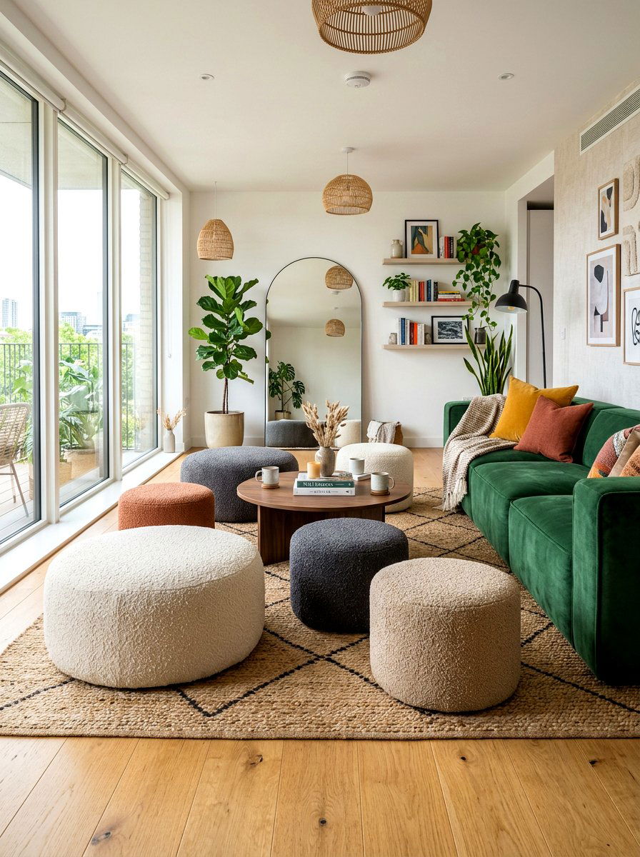 Boucle Pouf Floor Seating - 30 boucle living room ideas