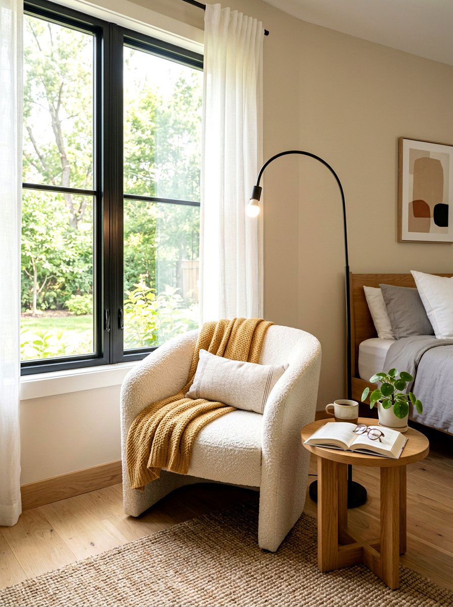 Boucle accent chair - 30 tactile bedroom decor ideas