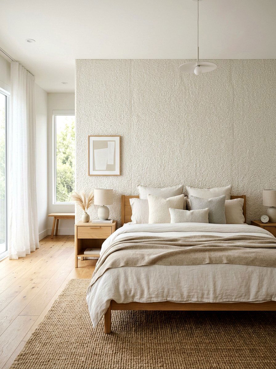 Boucle fabric wall - 30 wall to wall headboard ideas