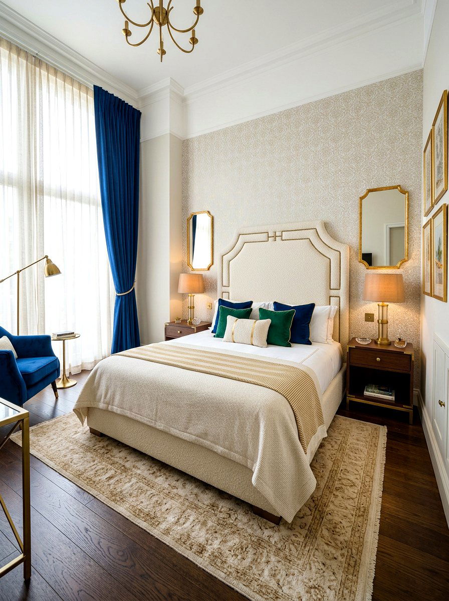 Boucle headboard with brass trim - 30 boucle headboard ideas