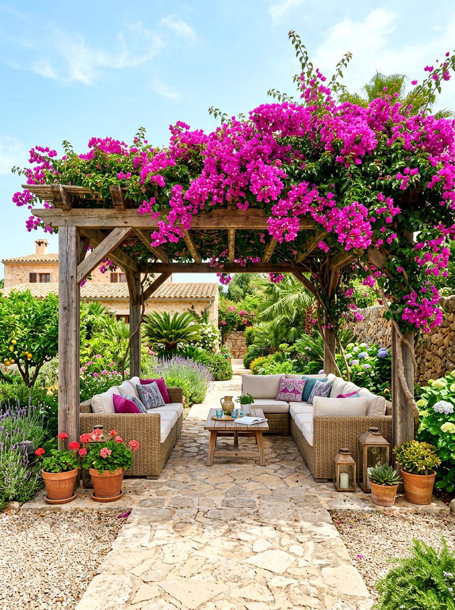 Bougainvillea Covered Pergola - 30 Mediterranean patio ideas