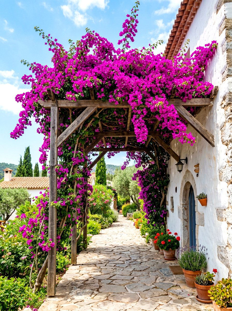 Bougainvillea Covered Trellis - 30 Mediterranean backyard ideas