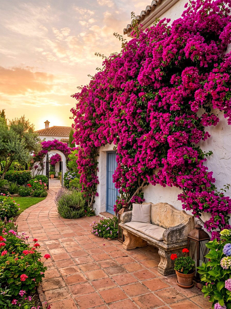 Bougainvillea Garden Wall - 30 Spanish courtyard exterior ideas