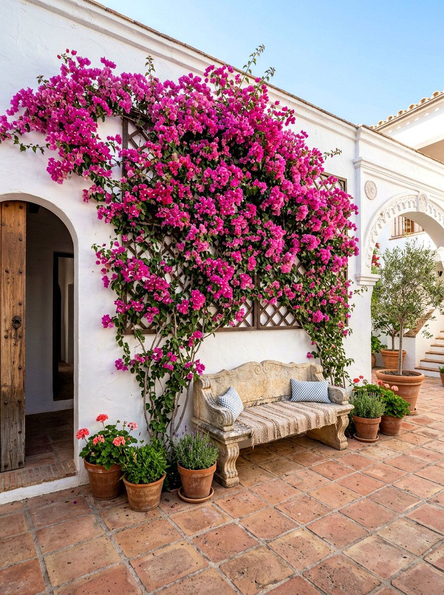 Bougainvillea Trellis Wall - 30 Spanish courtyard ideas