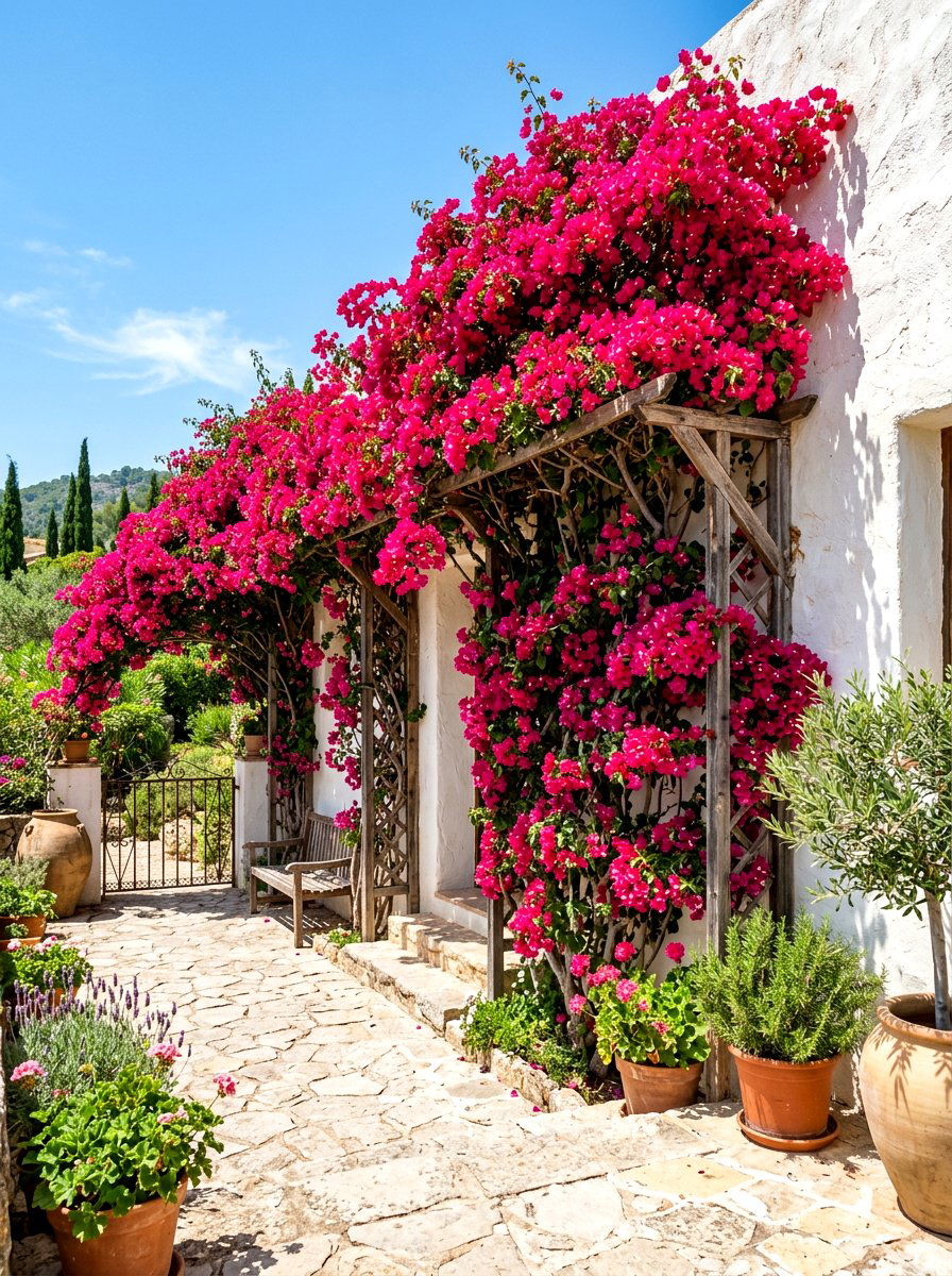 Bougainvillea Trellis Wall - 30 Mediterranean garden ideas