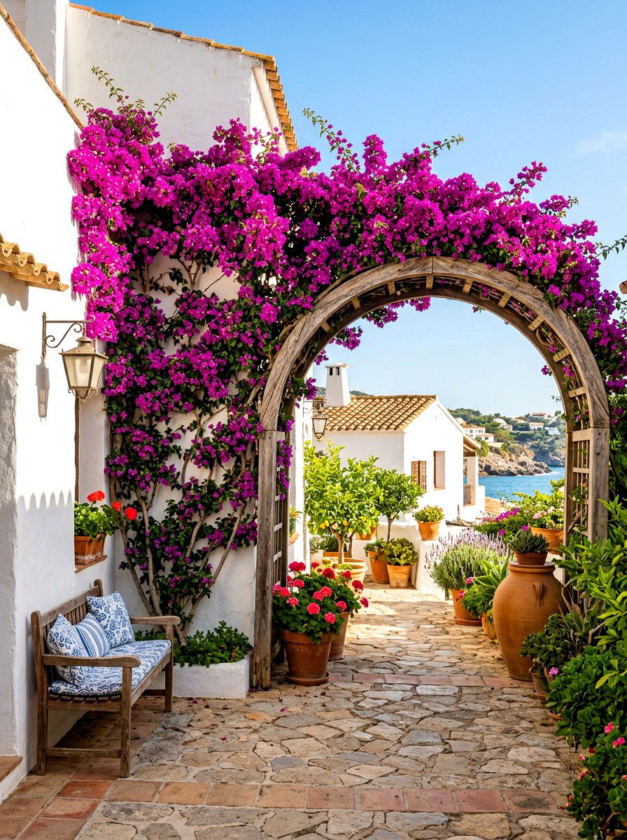 Bougainvillea courtyard - 30 Mediterranean front courtyard ideas