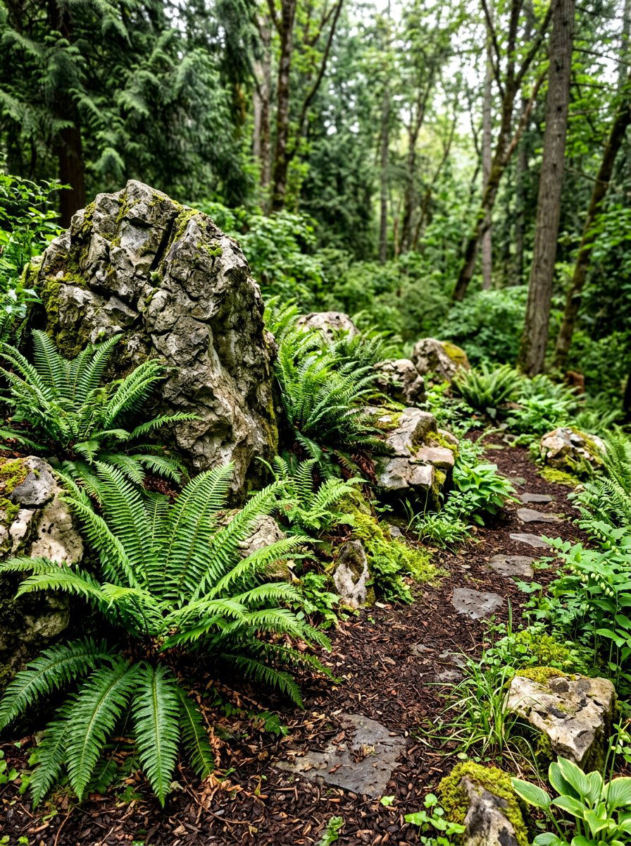 Boulder and Fern Garden - 30 driveway island landscaping ideas