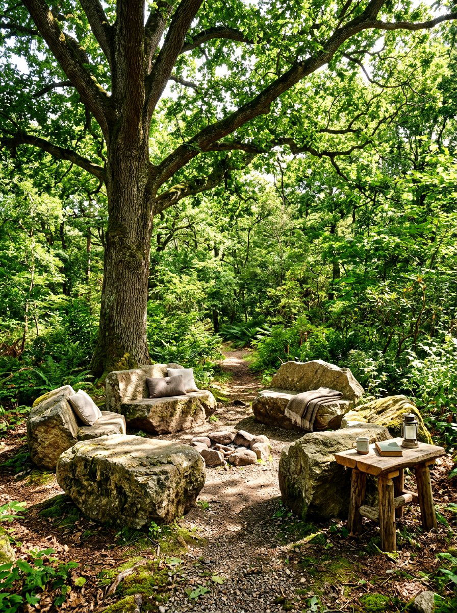 Boulder seating area - 30 garden rock ideas