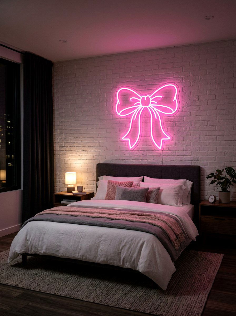 Bow Neon Sign - 30 ribbon and bow bedroom ideas