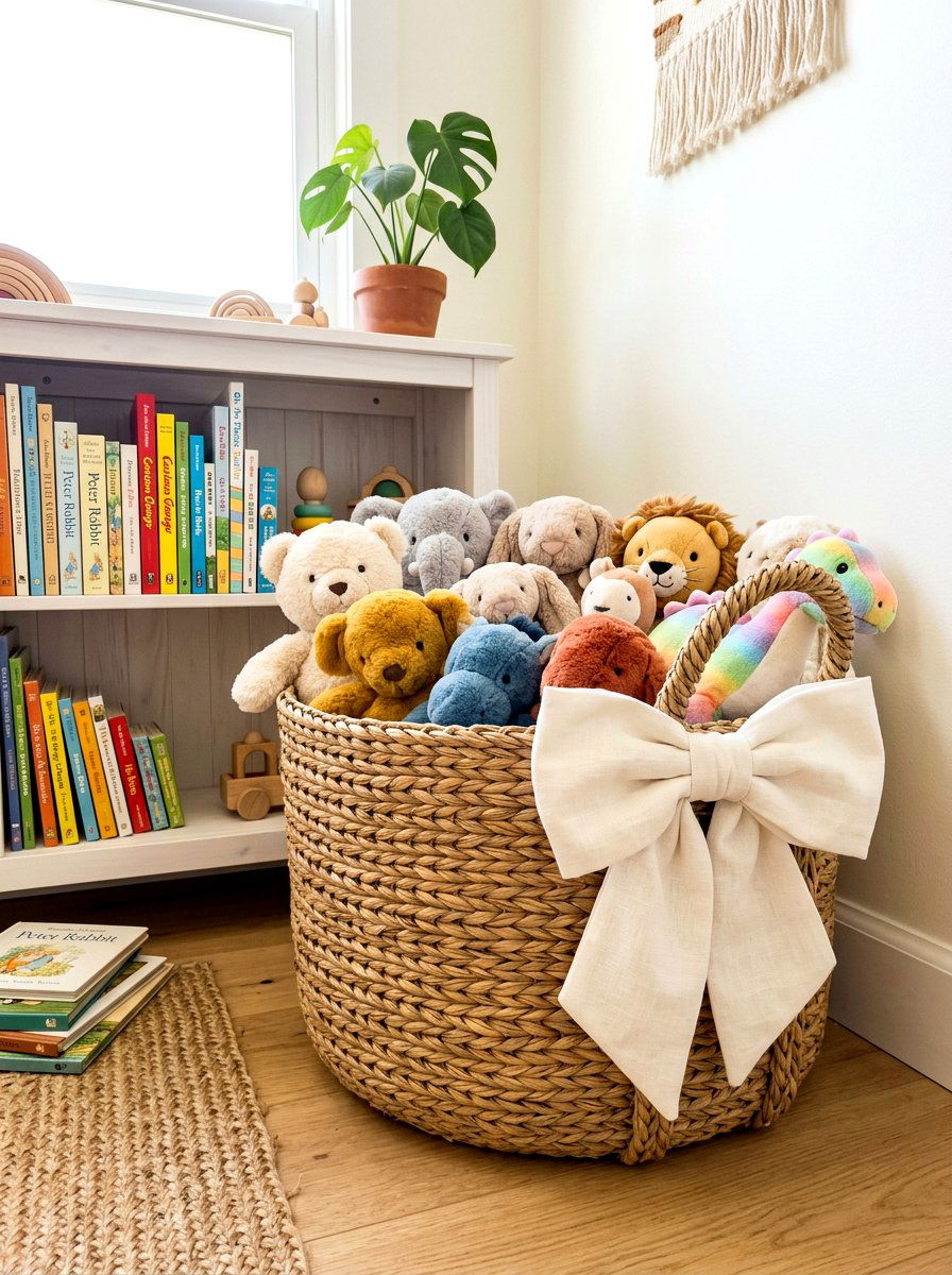 Bow storage basket - 30 bow nursery decor ideas