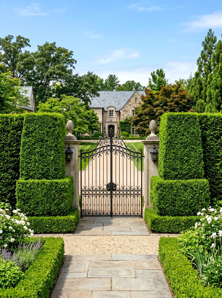 Boxwood Gate Hedge - 30 front gate flower bed ideas