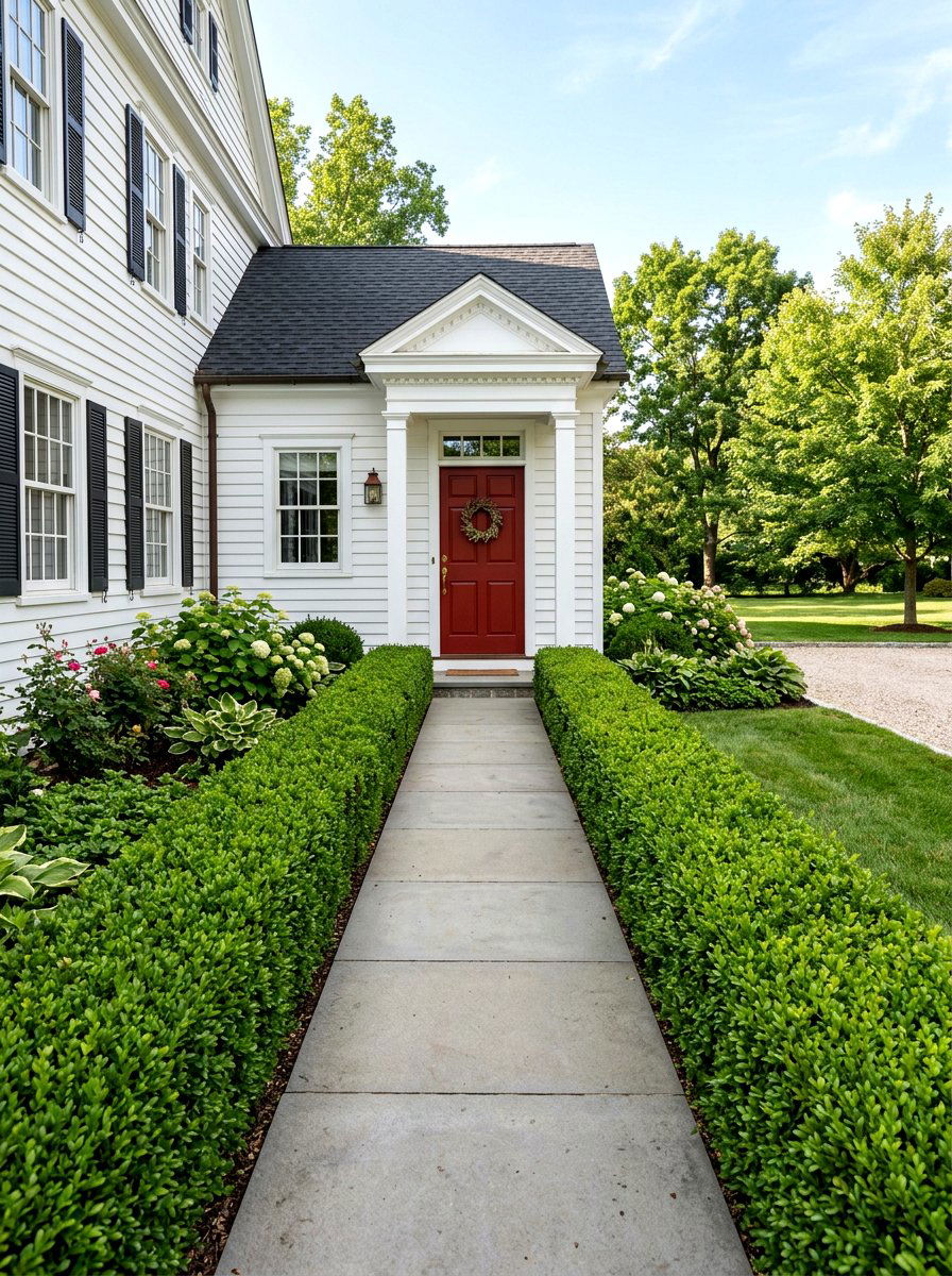 Boxwood Hedge Along Side Walkway - 30 side entry curb appeal ideas
