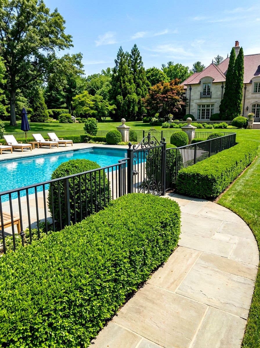 Boxwood Hedge Border - 30 pool fence landscaping ideas