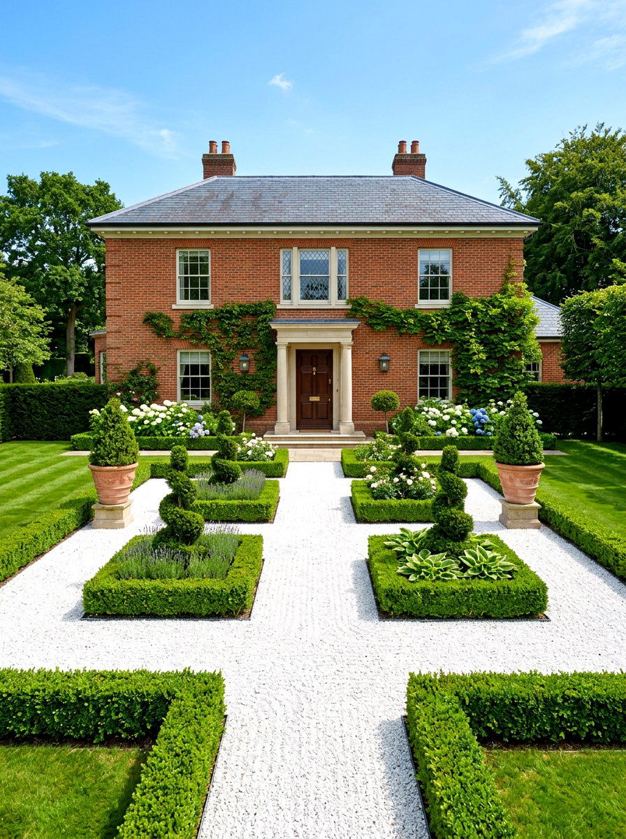 Boxwood Hedge Border - 30 white gravel front yard ideas