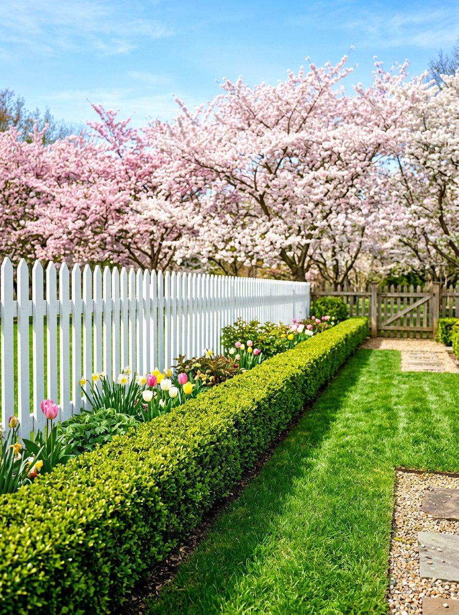 Boxwood Hedge Border - 30 fence line landscaping ideas