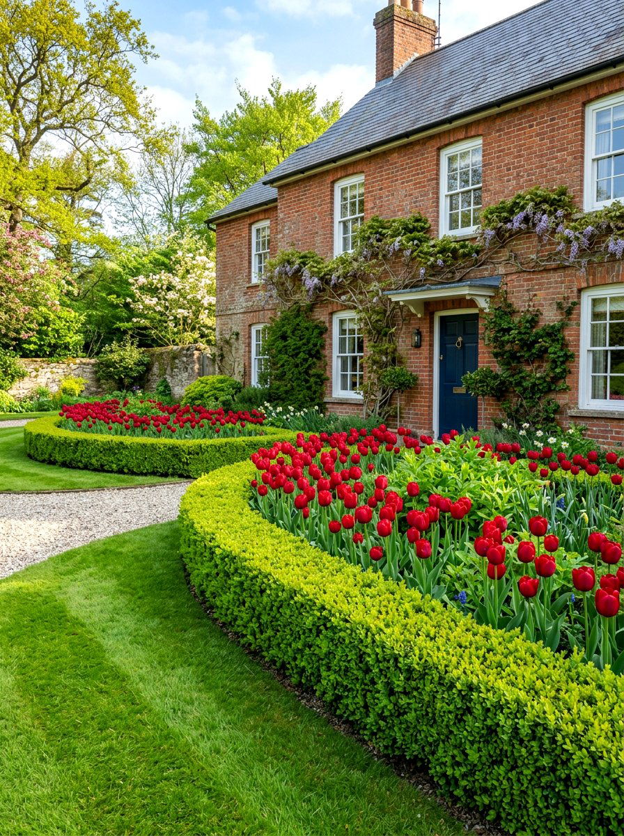 Boxwood Hedge Front Border - 30 corner lot landscaping ideas