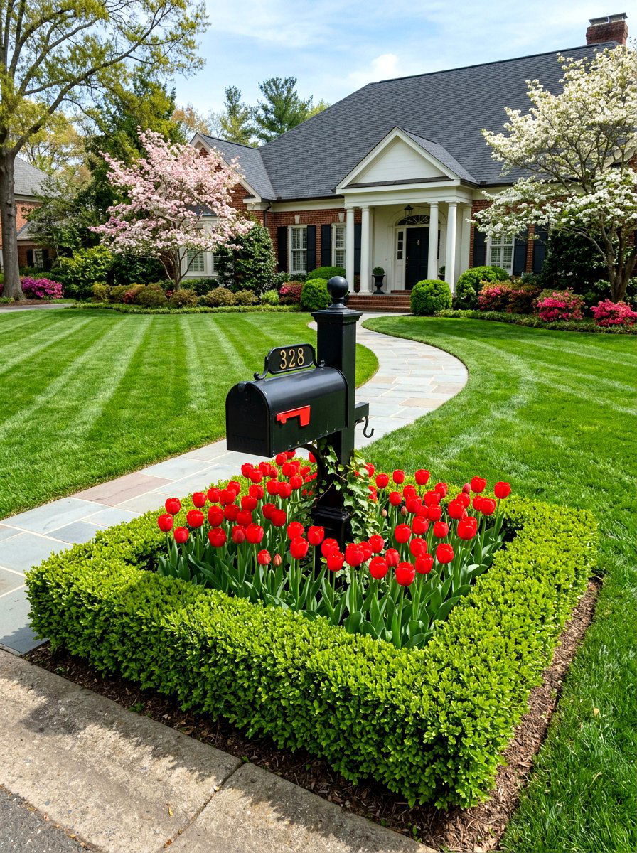 Boxwood Hedge Mailbox Border - 30 mailbox flower bed ideas