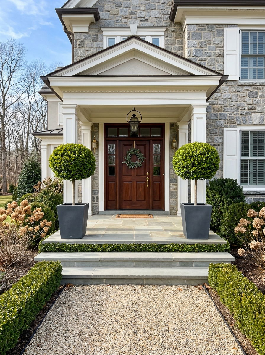 Boxwood Hedge Porch - 30 winter greenery decor ideas