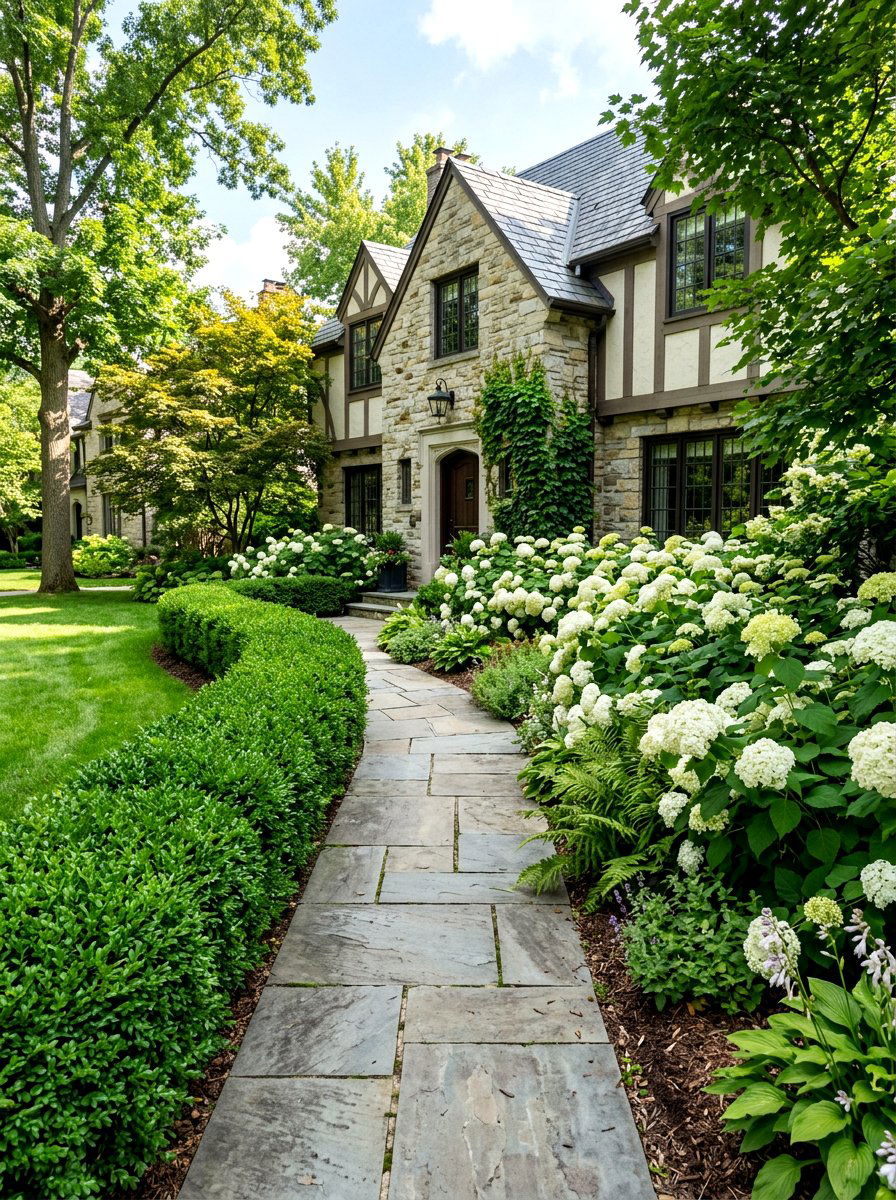 Boxwood Hedge Row - 30 asymmetrical front yard landscaping ideas